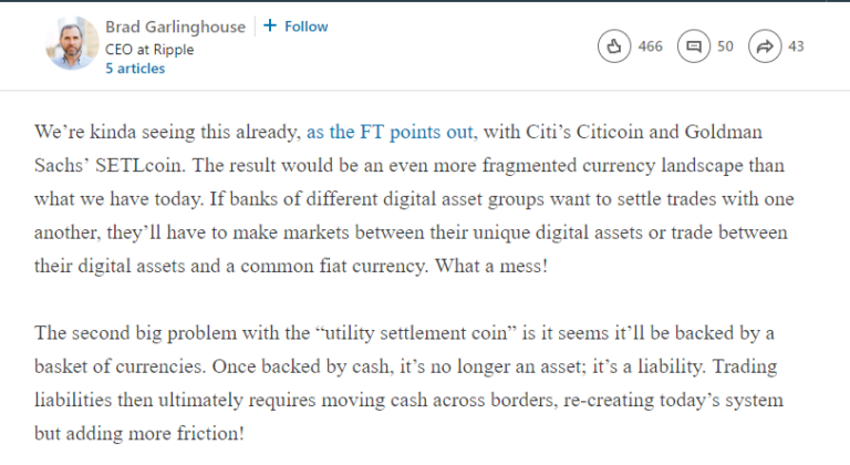 XRP is Best Positioned, Brad's Diehard Claim on XRP Over JPM Coin