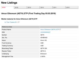 Amun Ethereum (AETH) ETP Lising on SIX Swiss Exchange. Source:  SIX Group