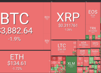 Top Cryptos See Minor Losses as Bitcoin Falls Towards $3,900 Market visualization from Coin360