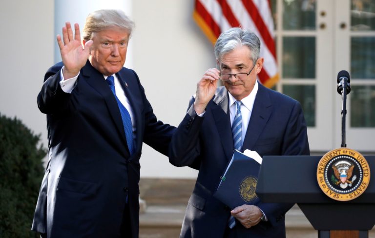 donald trump, jerome powell, dow
