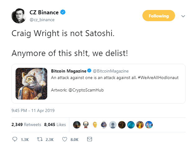 Binance CEO Threats to Delist BSV for Actions Against Hodlonaut