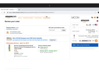 Screenshot provided by Moon, showing the option to pay for an item using BTC in Amazon