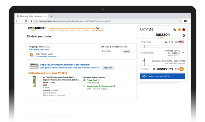 Screenshot provided by Moon, showing the option to pay for an item using BTC in Amazon