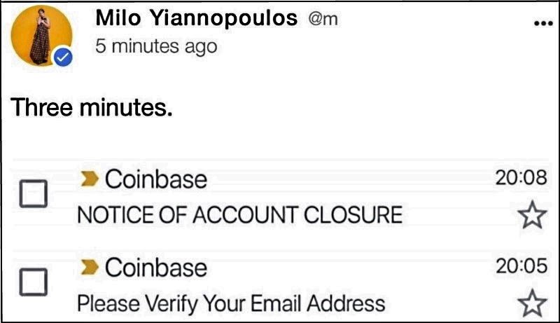 coinbase bans gay Jewish bitcoin fan Milo Yiannopoulos