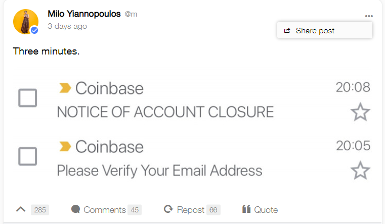 Coinbase Bans Account of Popular Right-Wing Pundit Milo Yiannopoulos