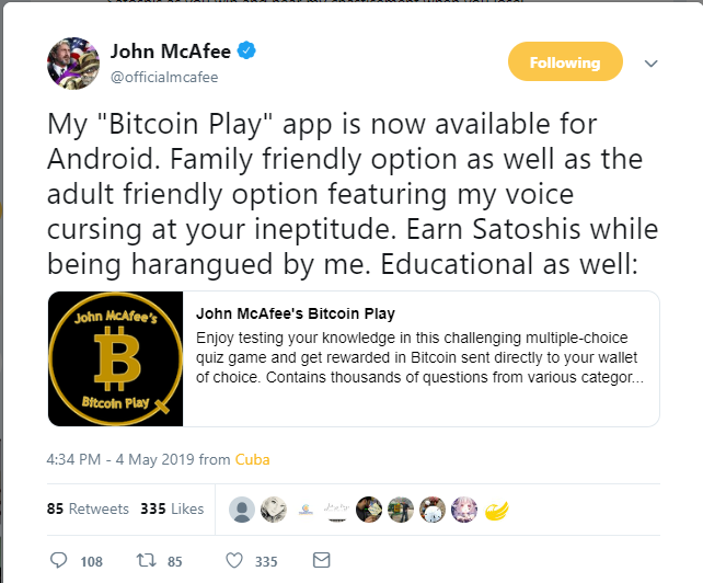 John McAfee Cursing in New ‘Bitcoin Play’ App, Letting Users Earn Satoshis for Quiz Solving