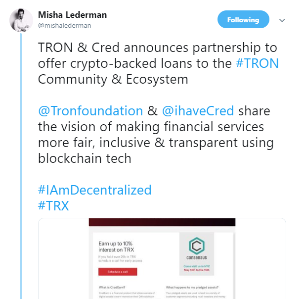 Tron Offers Help to Binance, Partners with Cred to Provide Crypto Loans to TRX Holders