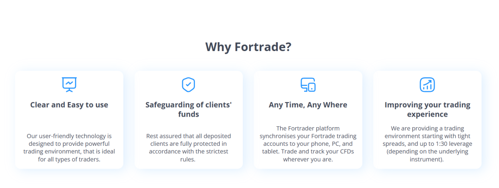 A screenshot from Fortrade.com showing information such as ease of use, funds protection, and multi-device access