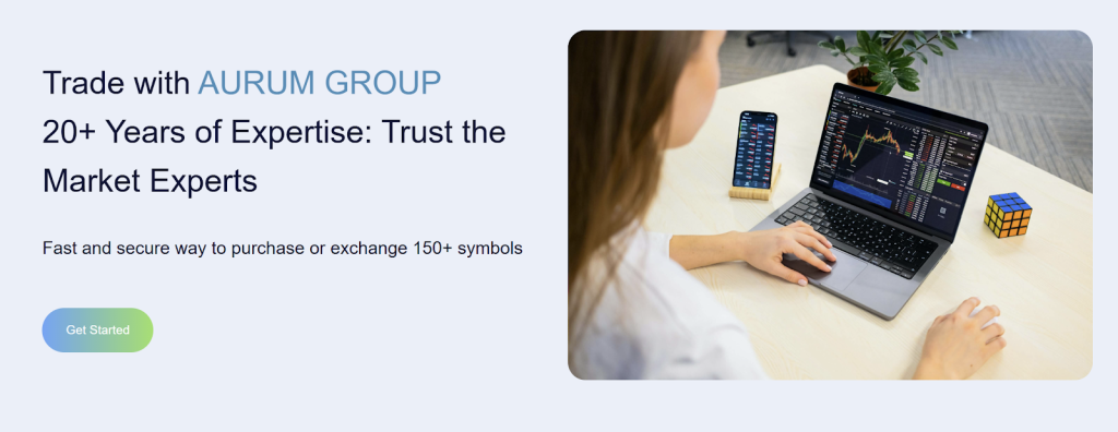 User dashboard on the AURUM GROUP platform with account overview, asset list, and navigation menu visible.