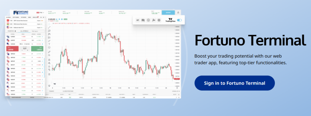 Fortuno Markets terminal watchlist and live trading view 